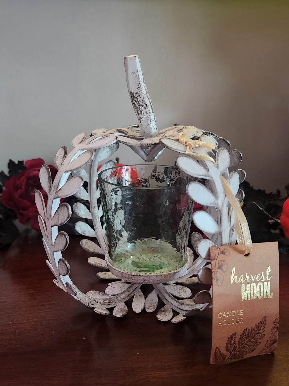 White Distressed Leaf Pumpkin Votive Candle Holder